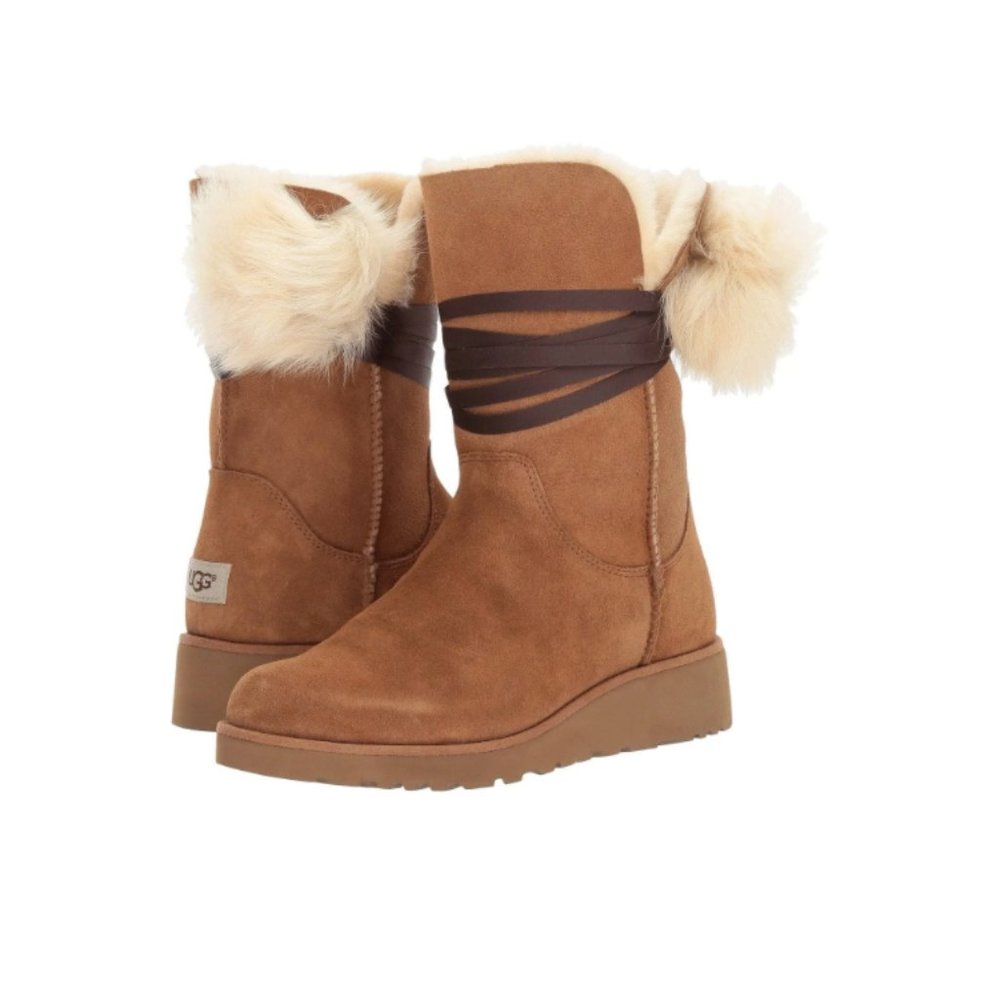 UGG Brita Chestnut Suede/Sheepskin Wedge Pom Pom Boots Sz 7
